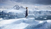 An Emperor Penguin Stands In The Middle Of A Snowstorm On A Glacier And Admires The Sea. Huge High Glaciers In Winter Natural Conditions. 3D Rendering.