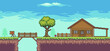 Pixel art arcade game scene with wood house, trees, fence, bridge and clouds 8bit background