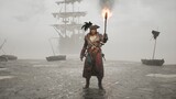 A pirate walks with a torch on a misty deserted island. The man was created using 3D computer graphics. 3D rendering. The concept of maritime adventure. The image is ideal for pirate backgrounds.