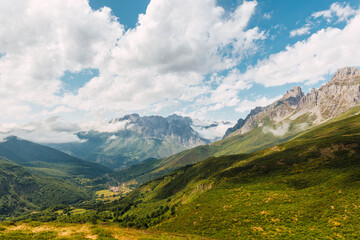 big mountains landscape with clouds. picos de europa natural park