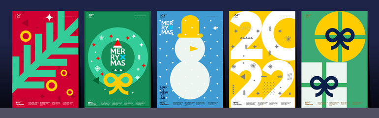 Wall Mural - Merry Christmas and Happy New Year! Winter. Holiday Party. Simple background. Trendy style. Cover, invitation or poster design. Vector illustration.