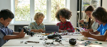 Multiracial School Kids Students Making Robotic Cars Using Tablet Computer. Diverse Junior Children Pupils Building Robot Vehicle Learning At Table At STEM Code Ai Engineering Science Education Class.
