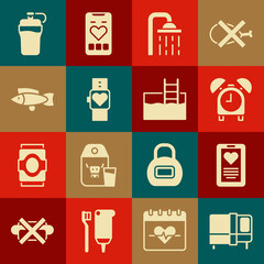 Sticker - Set Bed, Medical clipboard, Alarm clock, Shower head, Smart watch, Fish, Fitness shaker and Swimming pool with ladder icon. Vector