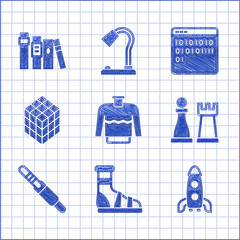 Canvas Print - Set Sweater, Slippers with socks, Rocket ship, Chess, Audio jack, Rubik cube, Binary code and Book icon. Vector