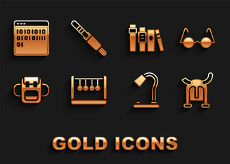 Poster - Set Pendulum, Eyeglasses, Viking in horned helmet, Table lamp, School backpack, Book, Binary code and Audio jack icon. Vector