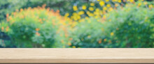 Wooden Table For Food, Product Display Over Blur Green Garden Background, Empty Wooden Shelf, Desk And Blur Tree Park With Bokeh Light In Spring, Summer, Wood Table Top, Counter And Nature Background