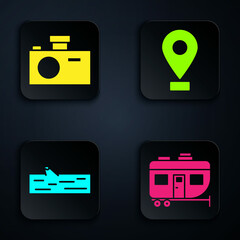 Sticker - Set Rv Camping trailer, Photo camera, Wooden log and Location. Black square button. Vector