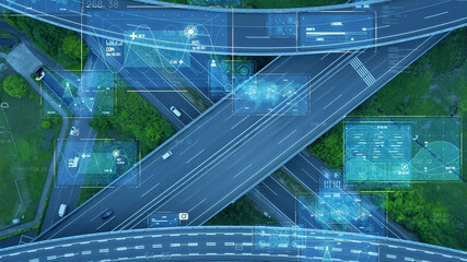 Fototapete - 高速道路を走る自動車と情報技術イメージ　ITS　ICT