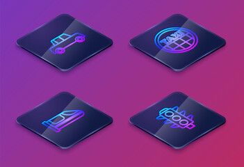 Sticker - Set Isometric line Car, High-speed train, Taxi car roof and Traffic light. Blue square button. Vector