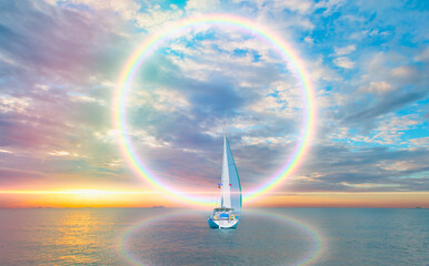 Wall Mural - Yacht sailing in open sea at stormy day - Anchored sailing yacht on calm sea with tropical storm and a round rainbow in the background