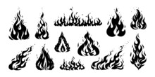 Hand Drawn Flame. Vintage Sketch Of Devils Fire Engraving. Retro Silhouette Of Bonfire. Black And White Fireplace Icons. Wildfire Or Ignition Signs Mockup. Vector Blaze Stencil Set