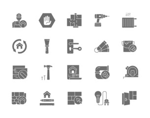 Canvas Print - Set of Home Renovation Grey Icons. Repairman, Architectural Project, Drilling Machine, Radiator, Putty Knife, Paint Bucket, House Plan, Plumbing and more.