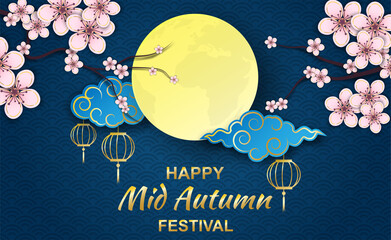 Wall Mural - Happy moon cake festival ,Chinese Mid Autumn Festival. Design with moon cake and flower on blue night background , paper art style background . vector.