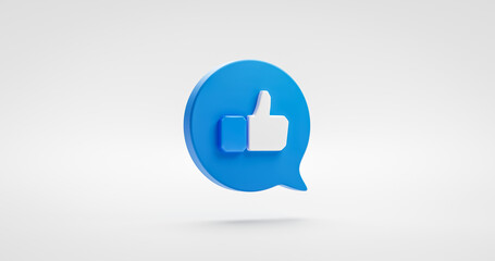 Wall Mural - Blue like icon thumbs up social sign or notification button symbol graphic design element isolated on white favorite share background with speech bubble followers concept. 3D rendering.