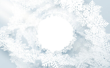 Poster - 3d paper art with Christmas round snowflakes frames, Snowflake wreath. Happy new year background. Vector illustration