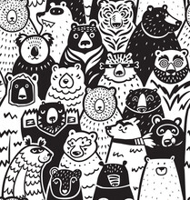 Black And White Seamless Pattern With Cartoon Bear Characters