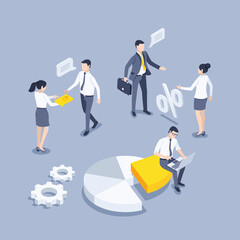 isometric vector illustration on a gray background, people in business clothes are working with data analysis, statistics collection