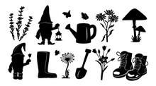 Garden Collection. Shovel, Boots, Watering Can, Gnomes, Lamp, Flowers, Butterflies, Rubber Boots, Mushrooms. Silhouette Graphics. Vector. Eps