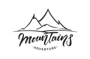 Fototapete - Vector lettering of Mountains Adventure and Hand drawn Peaks of Mountains.