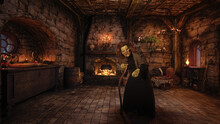3D Rendering Of An Old Hag Witch Standing In Her Cottage With Cauldron Boiling On An Open Fire.