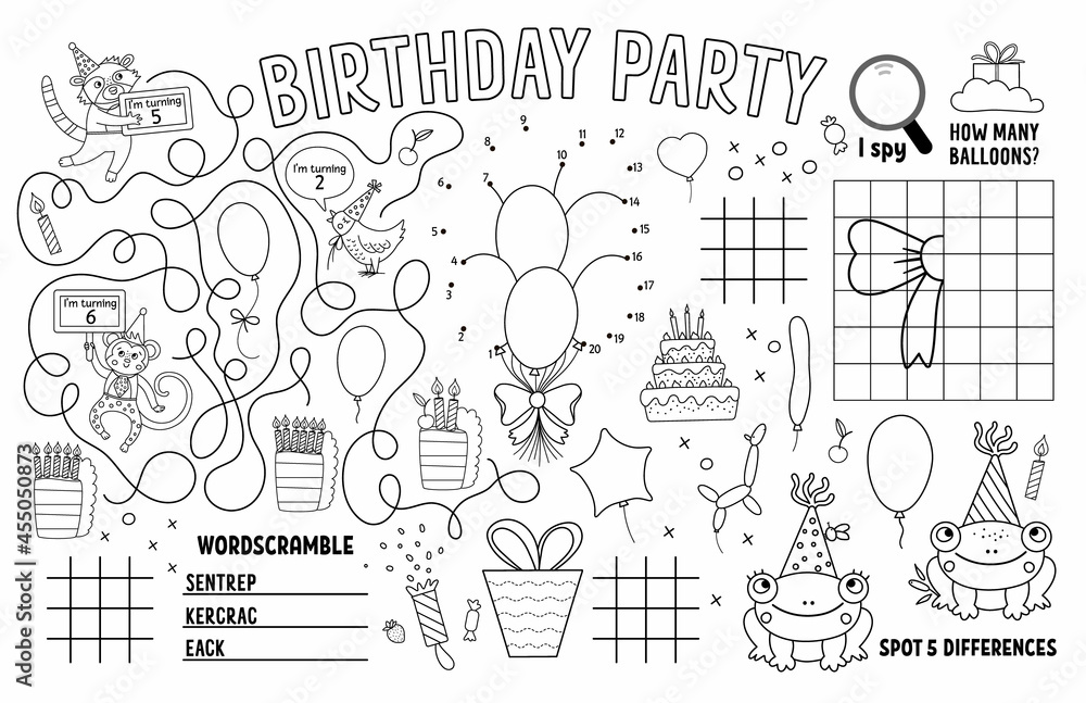 Vector Happy Birthday placemat for kids. Holiday party printable activity mat with maze, tic tac toe charts, connect the dots, find difference. Black and white play mat or coloring page. Stock Vector | vector-happy-birthday-placemat-for-kids-holiday-party-printable-activity-mat-with-maze-tic-tac-toe-charts-connect-the-dots-find-difference-black-and-white-play-mat-or-coloring-page-stock-vector