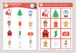 Vector Christmas scavenger hunt cards set. Seek and find game with cute Santa Claus, Christmas tree, snowman for kids. Winter holiday searching activity. Simple educational printable worksheet..
