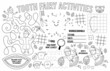 © Lexi Claus - Vector Tooth Fairy placemat for kids. Mouth care printable activity mat with maze, tic tac toe charts, connect the dots, find difference. Black and white dental play mat or coloring page.