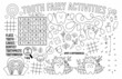 Vector Tooth Fairy placemat for kids. Mouth care printable activity mat with maze, tic tac toe charts, connect the dots, find difference. Black and white dental play mat or coloring page.