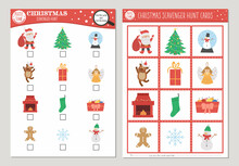 Vector Christmas Scavenger Hunt Cards Set. Seek And Find Game With Cute Santa Claus, Christmas Tree, Snowman For Kids. Winter Holiday Searching Activity. Simple Educational Printable Worksheet..
