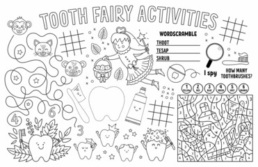 Wall Mural - Vector Tooth Fairy placemat for kids. Mouth care printable activity mat with maze, tic tac toe charts, connect the dots, find difference. Black and white dental play mat or coloring page.