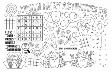 Wall Mural - Vector Tooth Fairy placemat for kids. Mouth care printable activity mat with maze, tic tac toe charts, connect the dots, find difference. Black and white dental play mat or coloring page.