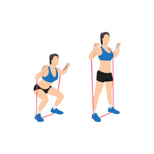 Woman Doing Resistance Band Squat Exercise. Flat Vector Illustration Isolated On White Background