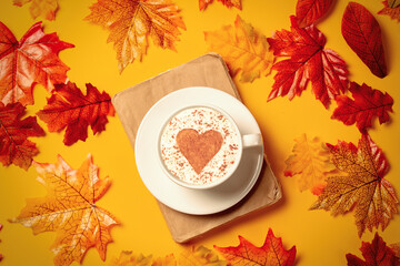 Wall Mural - Romantic cup of coffee and book with autumn leaves on yellow background. Top view