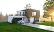 canvas print picture - Modernes Einfamilienhaus/Villa mit Auto und Garage