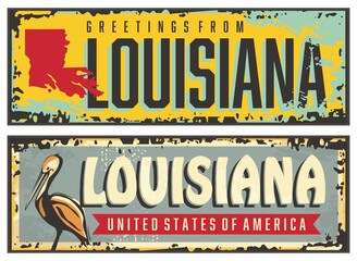 Canvas Print - Louisiana signs set with Louisiana state map shape and pelican bird. Retro USA signs collection, vintage greeting cards or souvenirs template. Vector illustration.