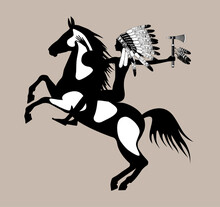 Black Silhouette Of A Naked Girl In Native American Traditional Headdress Sitting On A Horse Holding An Indian Battle Ax Tomahawk