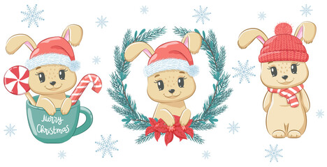 Wall Mural - A set of cute rabbits for the New Year and for Christmas. Vector illustration of a cartoon.