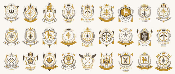 Canvas Print - Vintage heraldic emblems vector big set, antique heraldry symbolic badges and awards collection, classic style design elements, family emblems.