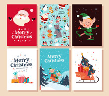 Collection Of Merry Christmas Congratulation Cards With Santa Claus, Elves Characters Sledding, Gifts And Pattern. Vector Flat Cartoon Illustration. For Invitation, Banner, Tag, Package, Web.