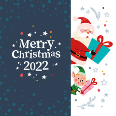 Wall Mural - Christmas banner with cute happy winter Santa Claus, elf character, gifts and text Merry Christmas greeting on dark background. Vector flat illustration. For cards, packaging, web.