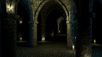 scary medieval church underground. Stone corridor with candles. 3d rendering.