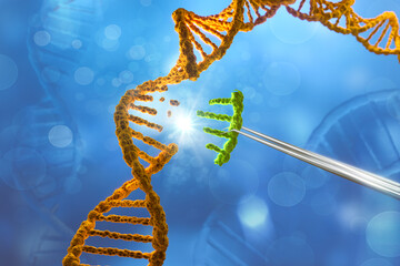 Wall Mural - biotechnology and genetics dna replacing, medical research and gene manipulation science background