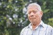 © meeboonstudio - Portrait of an elderly Asian man with short gray hair smiling and looking at the camera while standing in a garden. Aged people and healthcare concept