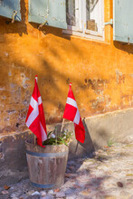 Little Danish Flags In A Flower Pot In Christiansfeld, Denmark