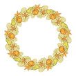Pumpkins and maple leaves colorful vector round frame. Autumnal wreath.
