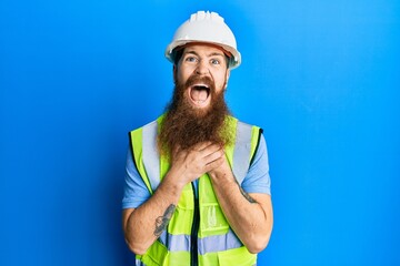 Poster - Redhead man with long beard wearing safety helmet and reflective jacket shouting and suffocate because painful strangle. health problem. asphyxiate and suicide concept.