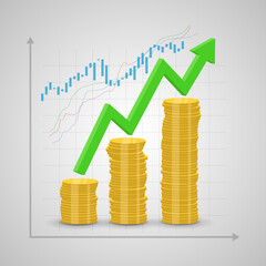 Poster - Stack of coins rising and arrow graph - concept of money growth and investment