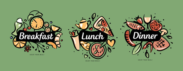 Wall Mural - Drawn sets of products for breakfast, lunch and dinner