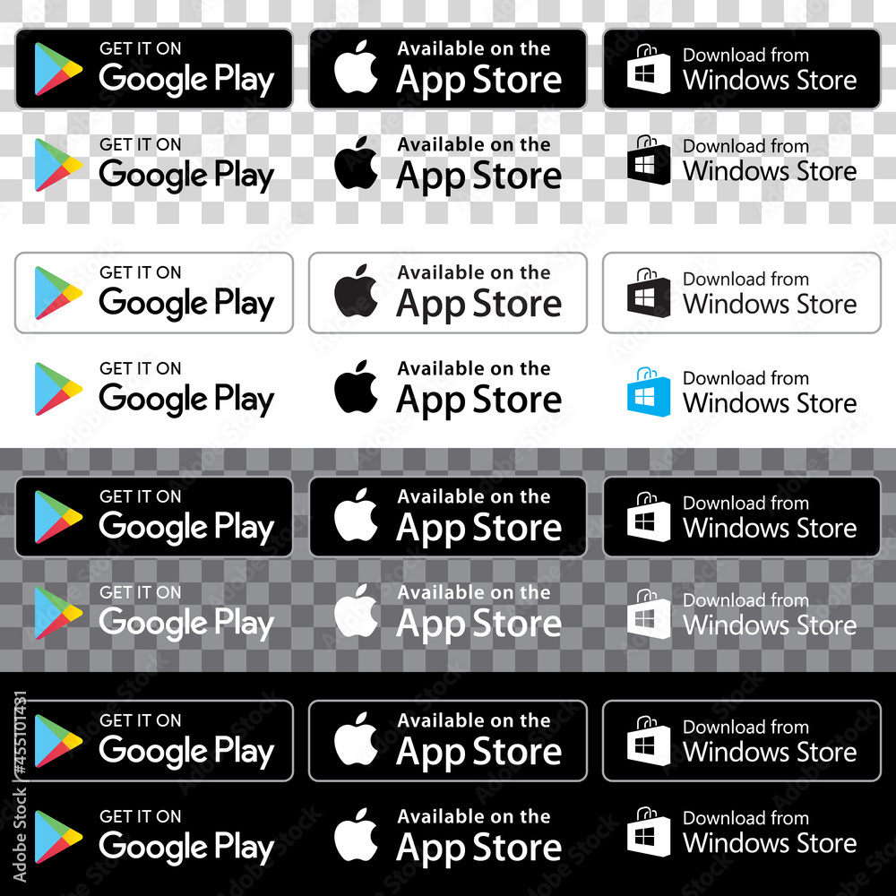 Apple App store, Google Play store, Microsoft store : download App buttons.  Isolated black icons set on various backgrounds. Download mobile  application, UI elements. Vector illustration 스톡 벡터 | Adobe Stock