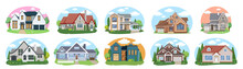 Big Houses Set, Vector Buildings Set. Flat Design Houses Set Isolated On White Background.
